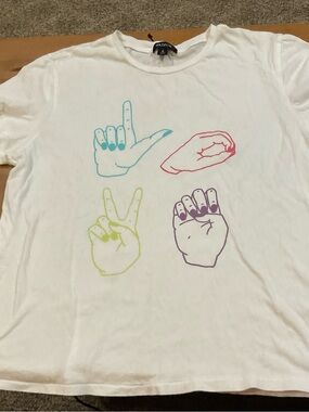 Wildfox; “Love” sign language short sleeves white graphic tee shirt size med.